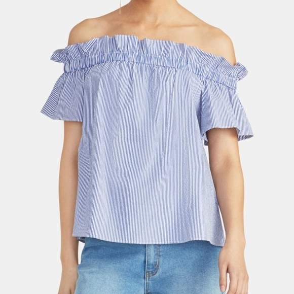 RACHEL Rachel Roy Blue White Striped Off Shoulder Peasant Top Size XS Women’s - Picture 7 of 7